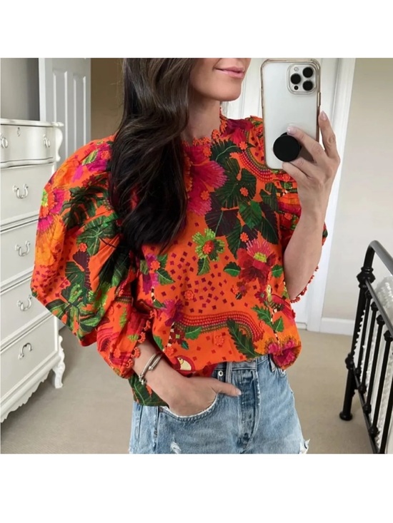 FARM Rio Tops - FARM RIO Cotton Blooming Garden Blouse Orange Floral Size Small